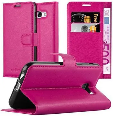 A collage of images showing a pink phone case with card slots and a magnetic closure.