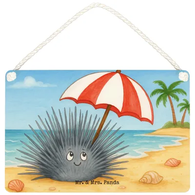 Produktbild von Mr. & Mrs. Panda Schild Seeigel Design DIN A6 - Weiß - Geschenk, Hier und Jetzt, holzbild, Selbstliebe, Achtsamkeit, Türschild, Wandbild Holz, wandtafel, Meer, Holzschild