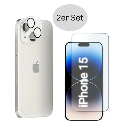 Produktbild von CLM-Tech 2er Set Schutzfolie kompatibel mit iPhone 15 - 1X Panzerfolie + 1X Kameraschutz Kameraglas Panzerglas 9H Glas Displayfolie Schutzglas - Unterstützt Fingerabdruck-ID - Folie kristallklar