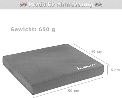 A gray balance pad with dimensions indicated.