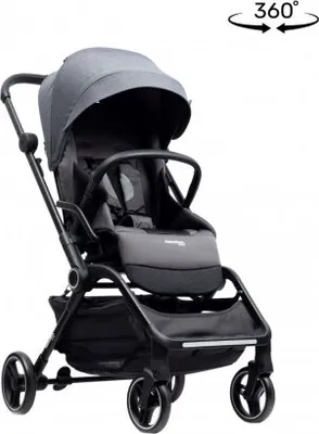 A studio shot of a gray and black stroller.