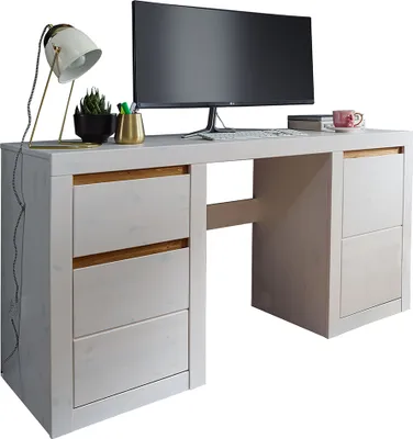 Produktbild von Büro Schreibtisch Massivholz WILSON-69 in Kiefer massiv weiß, B/H/T: ca. 155/75/49,5 cm