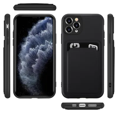 Multiple views of a black iPhone case with a cardholder.