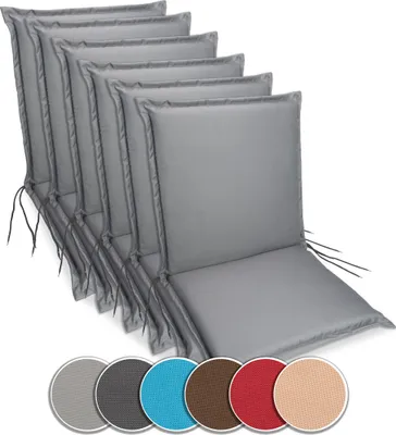 A set of gray chair cushions stacked on top of each other, with a row of color swatches below.