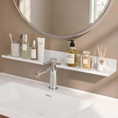 Produktbild von doporro Waschbecken Ablage 60cm über dem Wasserhahn, Badezimmer Regal Montage mit oder ohne Bohre, Waschbecken-Wasserhahn-Organizer, Sandweiß Reglo-17