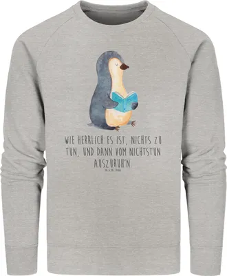 Produktbild von Mr. & Mrs. Panda Baumwoll Sweatshirt Pinguin Buch Größe S - Heather Grey - Geschenk, Pullover, Pulli, Sweater, Urlaub, Bücherwurm