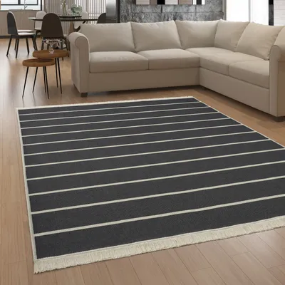 A living room with a sectional sofa and a striped rug.