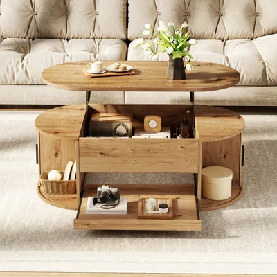 Produktbild von okwish Couchtisch mit Hubplatte und seitliche Schiebetüren, Sofatisch mit verstecktem Stauraum,geriffeltes Design,Beistelltisch ,Natur