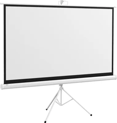 A white projector screen on a white tripod stand, isolated on a white background.