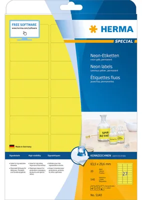 Obrázok produktu pre HERMA Special - papier - matný - trvale samolepiaci - žiarivo žltý - 63,5 x 29,6 mm 540 štítkov (20 listov x 27)