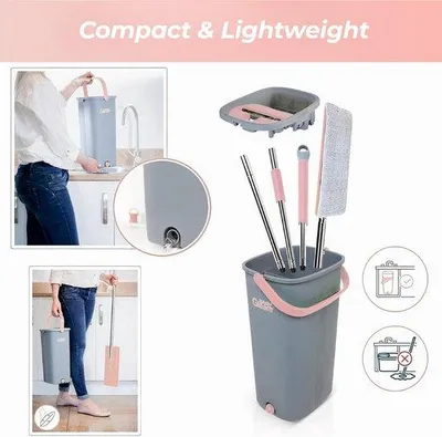 Produktbild von Famanu Wischsystem mit Mikrofasermopp - Doppel-Eimer für nass und trocken - 4 wiederverwendbare Pads