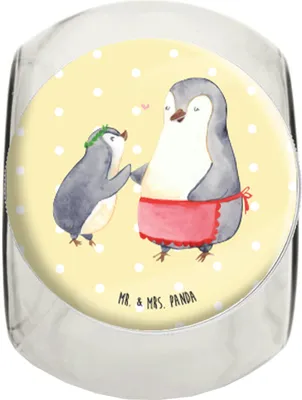 Produktbild von Mr. & Mrs. Panda Frischhaltedose Pinguin mit Kind L 870ml - Gelb Pastell - Geschenk, Mama, Familie, schraubglas, Vorratsbehälter, Mutter, Muttertag, Bruder, Vorbild