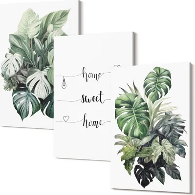 Produktbild von Leinwandbild – Wandbild – Leinwandbilder – Kunstdruck – Polycanvas – Modern – Mehrteilig – 3-Teilig Set – Hochwertig – Geruchslos – Lichtecht – Fertig Aufgespannt – 40x60 Cm Je Teil - Aquarell Monstera Blätter Home Sweet Home