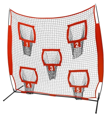 Image de Filet d'entraînement de baseball - Filet de cibles pour les lancers - 5 cibles - 4 piquets - Pour l'extérieur - Carré - Rouge