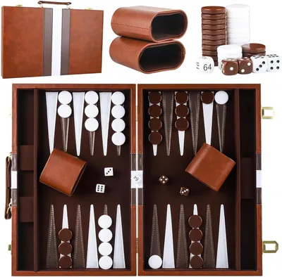 Productafbeelding van Backgammon set hout 38 cm, voor 2 spelers, reisspel, met dobbelcup