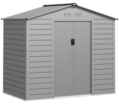 Imagen del producto de Almacén para herramientas Moonbite de 2,43 m², con techo a dos aguas, fabricado en acero galvanizado, puerta doble con cerradura de 96 × 156 cm, 4 aberturas de ventilación, resistente a la intemperie, acero, color gris