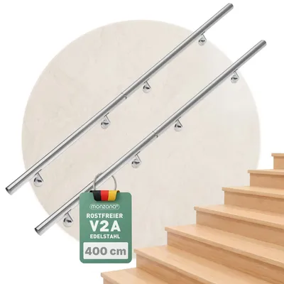 Productafbeelding van MONZANA® RVS handrail, V2A roestvrij staal, leuning, trapleuning, 400 cm, wandbevestiging, verbindingen, afsluitdopjes, geschikt voor binnen- en buitengebruik