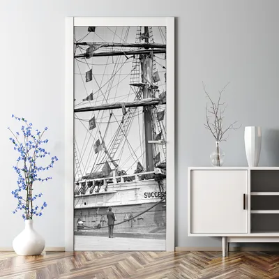 Produktbild von Dekorative Türaufkleber selbstklebend Klebefolie Türtapete Türfolie Schwarz-Weiß Schiff 77 x 200 cm