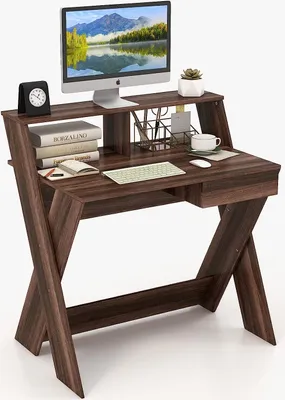 Immagine prodotto di Scrivania per computer COSTWAY con cassetto, scrivania con estensione per monitor, tavolo da lavoro a X, in legno, per piccoli ambienti in casa e in ufficio, 90 x 61 x 94 cm (noce)