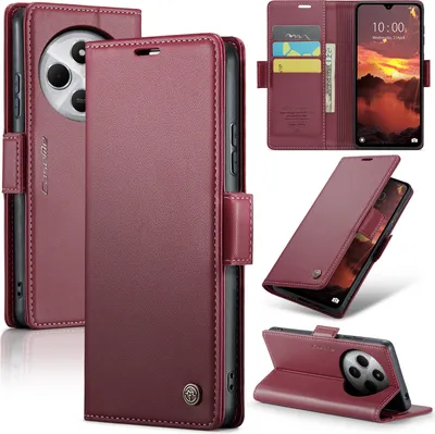 A collage of images showing a red leather phone case with card slots and a stand function.
