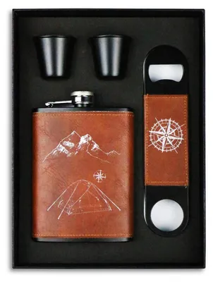Image de Coffret cadeau flacon en cuir marron, 9 oz, en acier inoxydable 304, avec gobelet à vin, étanche, pour hommes