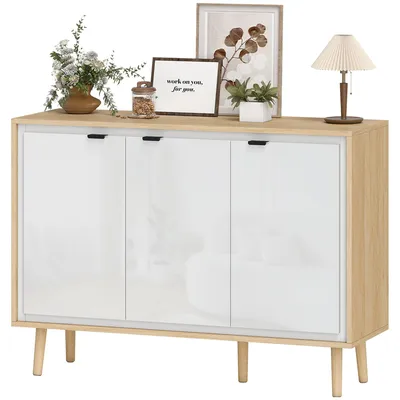Produktbild von Hochglanz-Sideboard, Aufbewahrungsm?bel mit 3 Tš¹ren, verstellbaren Einlegeb?den, 107 x 35 x 77 cm, wei? und eiche