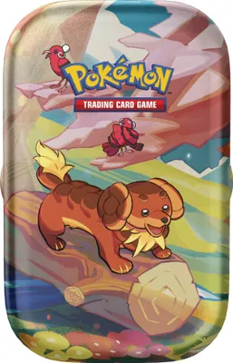 A Pokemon trading card game mini tin featuring a dog-like Pokemon and two bird-like Pokemon in a colorful, stylized landscape.