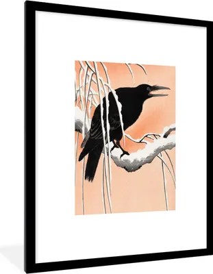 Produktbild von MuchoWow® Gerahmtes Poster Krähe - Vogel - Zweig - Vintage - Japanisch 60x80 cm - Poster mit Schwarzem Bilderrahmen Wandposter Rahmen Foto Bilder - Wohnzimmer - Dekorationen - Prämie