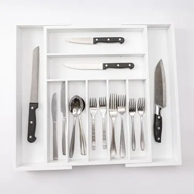 Produktbild von PolkaHome® Ausziehbare Besteckschublade aus Bambus, weiß - Besteckorganizer mit 7 bis 9 Fächern für Küchenschubladen