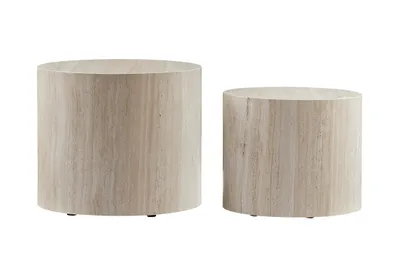Two cylindrical side tables of different sizes, placed side-by-side on a white background.