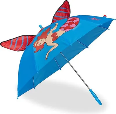 Produktbild von Relaxdays Regenschirm Kinder, 3D Motiv Meerjungfrau, Kinderregenschirm Mädchen, Ø 78 cm, kleiner Stockschirm, blau/rot