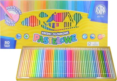 A box of Astra colored pencils with the pencils laid out in front of it.