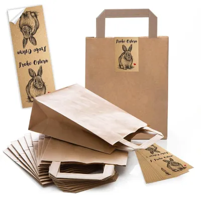 Produktbild von 25 kleine braune Papiertüte Ostern Oster-Verpackung Geschenktasche 18 x 8 x 22 cm kleine Papiertaschen + 25 Aufkleber grün braun HASENGRUSS Ostergeschenke verpacken Kinder OsternestVintage Hase mit Herz / 10 Stück