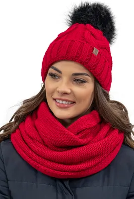 Produktbild von Vivisence damen bommelmütze und schal set warm kopfbedeckung und halsbedeckung an winter und herbst warm dick, wintermütze mit bommel, winterset für frauen, hergestellt in der eu, rot, einheitsgröße