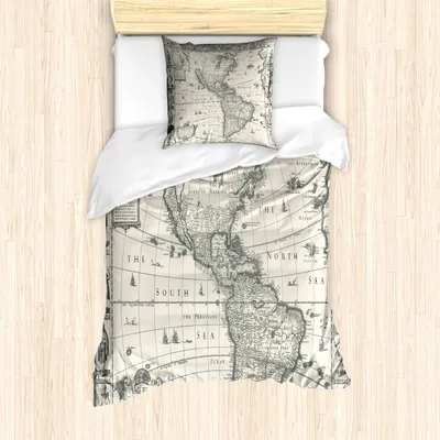 Obrázek produktu pro ABAKUHAUS Sada povlečení s mapou světa, starobylá mapa Ameriky v 16. století, středověk, retro styl, 135 x 200 cm + 80 x 80 cm, vícebarevné