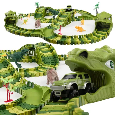 Zdjęcie produktu dla Zestaw torów wyścigowych dinozaur - Elastyczny tor wyścigowy - 8 dinozaurów - Samochód terenowy