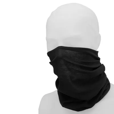 A black neck gaiter or buff is displayed on a white mannequin head and neck against a white background.
