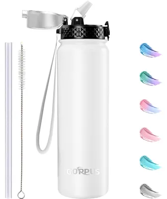 Isolierte Wasserflasche 1L mit Strohhalm, Edelstahl, auslaufsicher