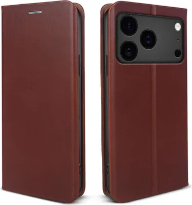 Produktbild von Handyhülle für Apple iPhone 17 Pro Max Echtleder Flip Cover Hülle Case Kartenfach RFID Schutz Farbe: Dunkelbraun