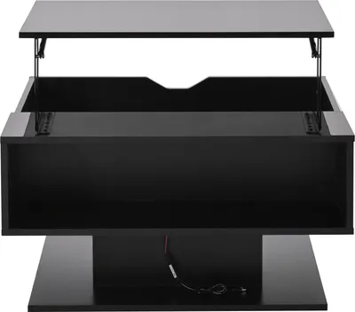A black lift-top coffee table with storage.