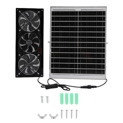 Obrázok produktu pre Súprava 3 ventilátorov na solárny pohon s 25 W solárnym panelom a vysokorýchlostnými ventilátormi pre skleníky, kurníky, kôlne a chovné priestory