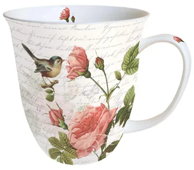 Porzellanbecher 0,4 l Fine Bone China Blumen Vogel