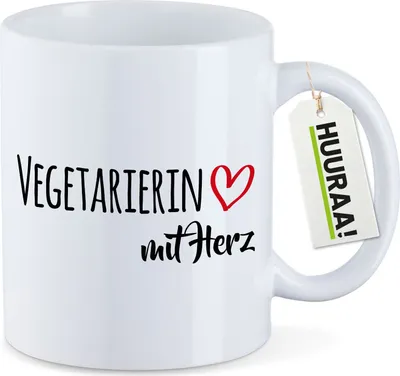 Produktbild von Huuraa Kaffeetasse Vegetarierin mit Herz 330ml Weiß Keramik Kaffeebecher Geschenkidee