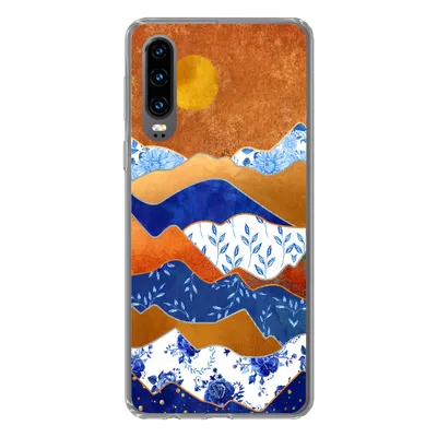 Produktbild von MuchoWow® Handyhülle Schutzhülle Hülle für Huawei P30 Delfter Blau - Gold - Blumen Silikon Softcase Handy Hülle - Kartenbesitzer