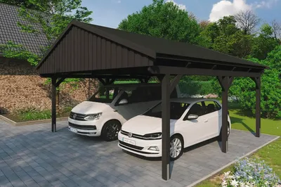 Produktbild von Doppelcarport SKAN HOLZ Fichtelberg inkl. Pfostenanker, schwarze Dachschindeln 618 x 566 cm anthrazit