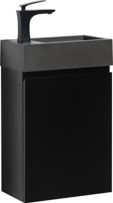 A black vanity set with a gray countertop and a black faucet.