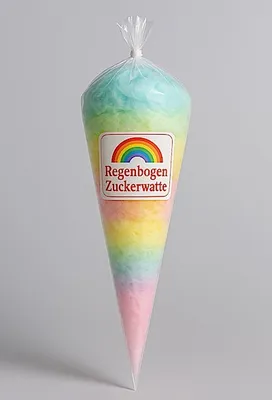 Produktbild von Bunte Regenbogen Zuckerwatte im Spitzbeutel 70g – Fluffig, Frisch & Fröhlich – Jahrmarkt Feeling für Zuhause – Süßigkeit für Kindergeburtstag, Party, Geschenk