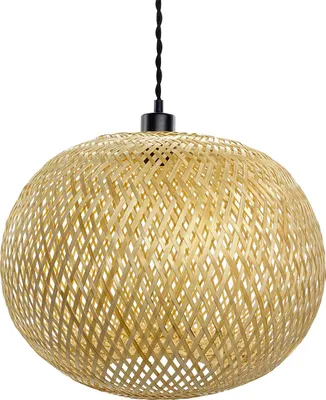 A hanging pendant light with a woven bamboo shade.