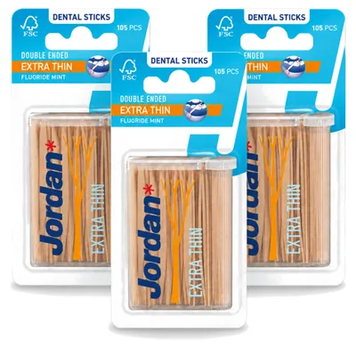 Obrázok produktu pre 3 ks zubných tyčiniek Jordan Dental Sticks Extra Thin – medzizubné tyčinky s fluórom a mätovou príchuťou – výhodný balík – 3 kusy