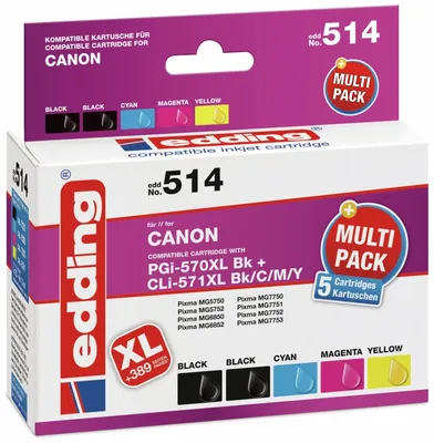 The image shows the packaging of an edding ink cartridge multipack for Canon printers.